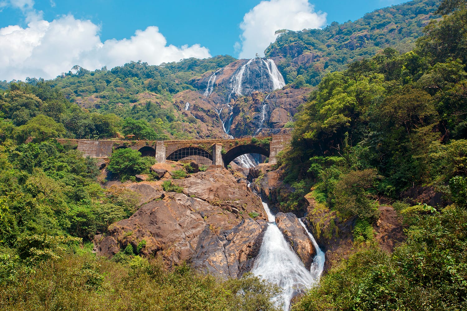 Bella vista della cascata di Dudhsagar e del ponte ferroviario a Goa, in India